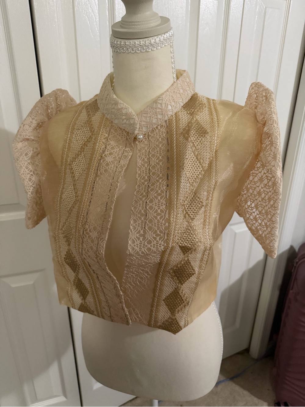 Filipiniana Bolero - Sheer Lace-Trimmed Short Sleeve Top in Beige